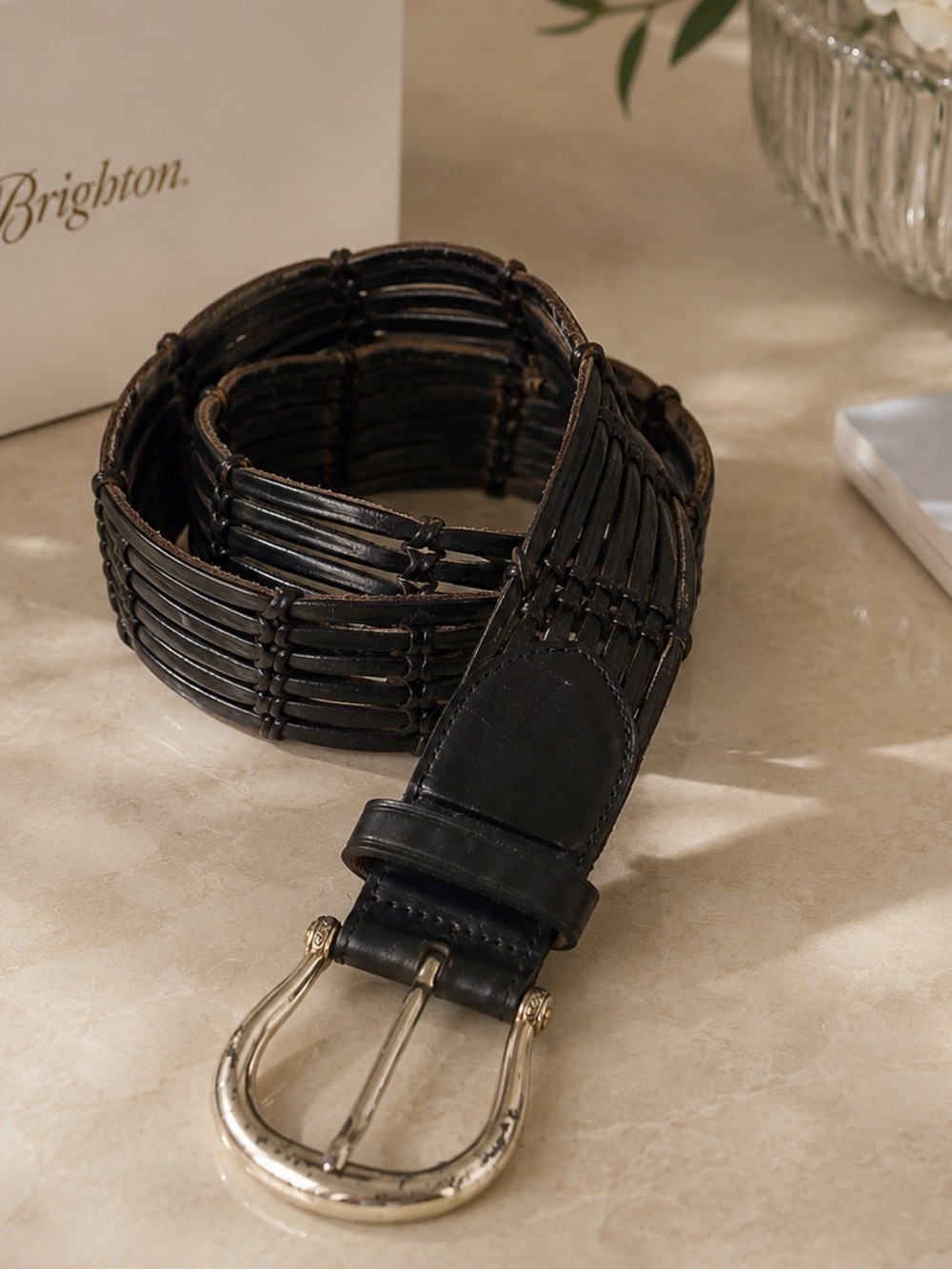 Brighton Womens Black Woven Leather Cage Belt Silver Buckle B20073 Size L 34